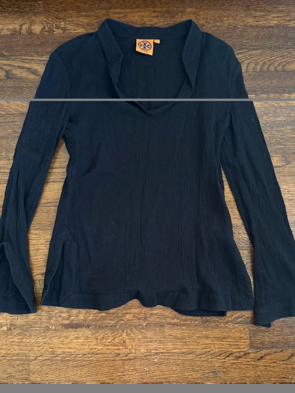 Tory Burch Black Textured Long Sleeve Tunic Top Boho Resort V Neck